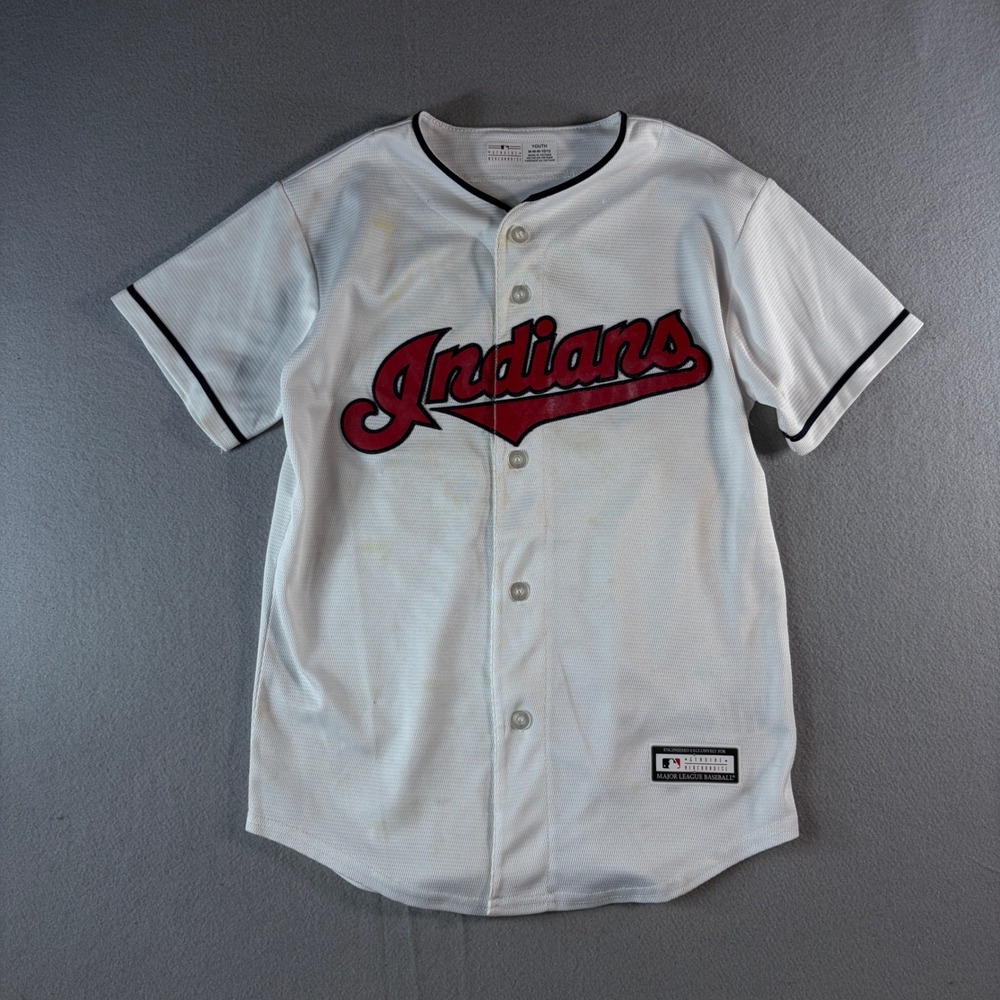 MLB Cleveland Indians Youth Medium 10/12 Baseball Jersey White Red Button Up